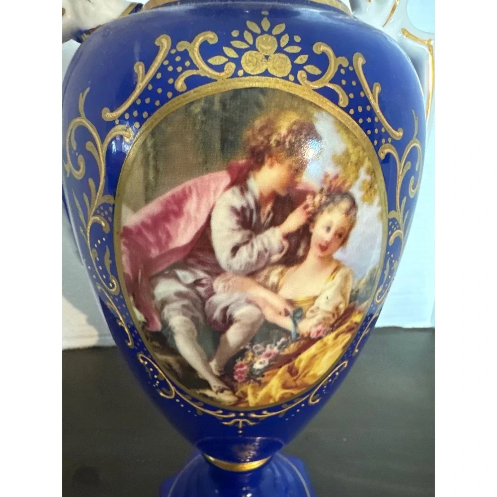 Limoges China Cobalt Blue Gold Courting Couple Lidded Urn Vase 13.5in